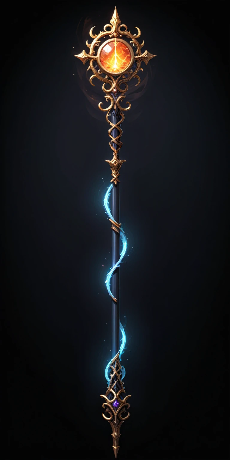 pixel art, cartoon illustration, Divine glavie greatstaff, Powerfull Magical theme, simple black background, RPG game icon