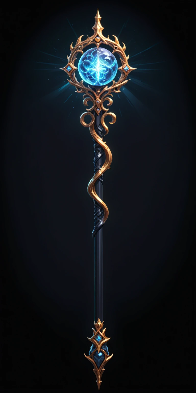 pixel art, cartoon illustration, Divine glavie greatstaff, Powerfull Magical theme, simple black background, RPG game icon 