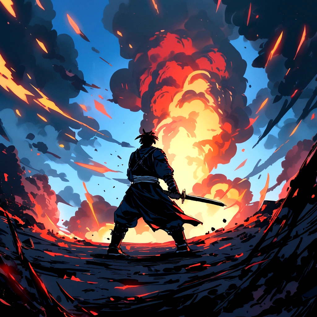 Samurai drawing sword Half kneeling stance Wick face in front Mechanical ascension There is an explosion scene behind the sword light 4K color is blue