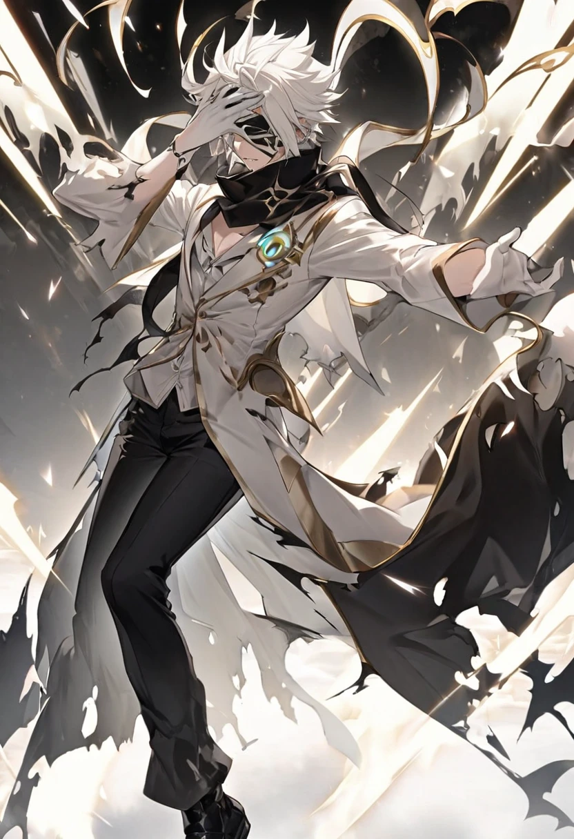 
- **Gender**: Male
Physique:V-Taper
#### Appearance
- **Hair**: Black
- **Scarf**: Ragged, worn around the neck, possibly torn at the edges
- **Clothing**:
  - **Top**: Black and white jacket over a black and white shirt with a design
  - **Bottom**: Black pants and Black Shoes 
- **Distinguishing Feature**: A prominent scar on the face
**Ultimate Form**: Aether Ascend

**Ascend Details**: Wears a half mask covering part of his face, emanating a soft glow indicating mastery over Aether.

