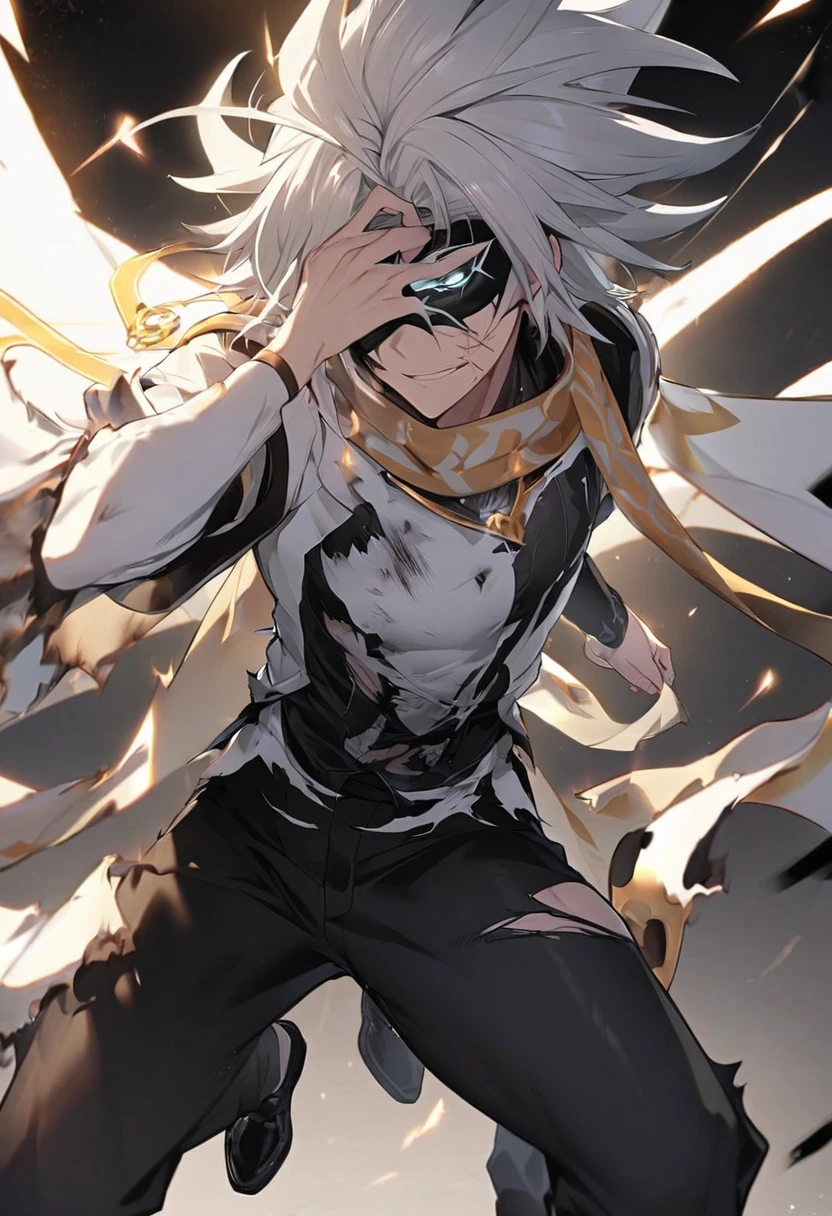 
- **Gender**: Male
Physique:V-Taper
#### Appearance
- **Hair**: Black
- **Scarf**: Ragged, worn around the neck, possibly torn at the edges
- **Clothing**:
  - **Top**: Black and white jacket over a black and white shirt with a design
  - **Bottom**: Black pants and Black Shoes 
- **Distinguishing Feature**: A prominent scar on the face
**Ultimate Form**: Aether Ascend

**Ascend Details**: Wears a half mask covering part of his face, emanating a soft glow indicating mastery over Aether.
