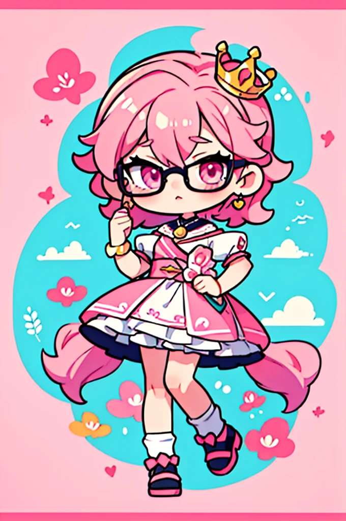 man ,cartoon girl with pink hair and glasses wearing a crown, ((pink)), Official fan art, The delicate androgynous prince, anime moe art style, beautiful androgynous prince, cute art style, Chibi style, 🍁 cute, Kawaii Chibi, ❤🔥🍄🌪, Chibi Art, Fan Art Demon Slayer Rui, cute character, Maple character art, High quality fan art