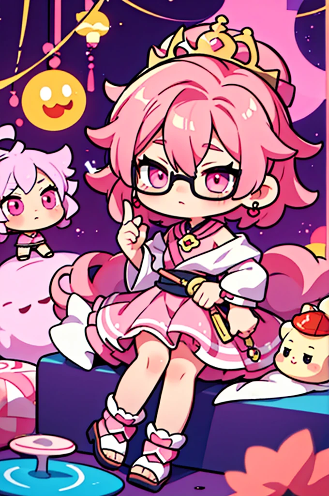 man ,cartoon girl with pink hair and glasses wearing a crown, ((pink)), Official fan art, The delicate androgynous prince, anime moe art style, beautiful androgynous prince, cute art style, Chibi style, 🍁 cute, Kawaii Chibi, ❤🔥🍄🌪, Chibi Art, Fan Art Demon Slayer Rui, cute character, Maple character art, High quality fan art