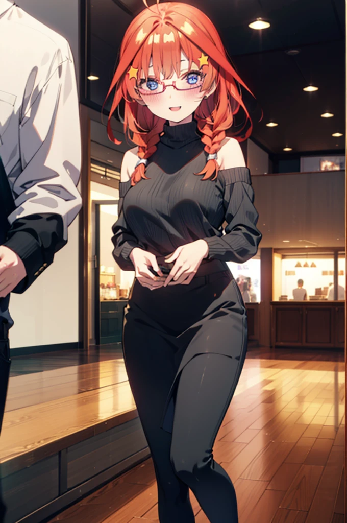 itsukinakano, Itsuki Nakano, bangs, blue eyes, Hair between the eyes, Ahoge, Redhead, star \(symbol\), hair ornaments, star hair ornaments,happy smile, smile, Open your mouth,blush,Akabuchi Glasses,Big Breasts,Long braids,One-shoulder sweater,Long skirt,Black pantyhose,short boots,Daytime,walking,whole bodyがイラストに入るように,crowd, people々々,
break indoors, Shopping mall,
break looking at viewer, whole body,
break (masterpiece:1.2), highest quality, High resolution, unity 8k wallpaper, (figure:0.8), (Beautiful fine details:1.6), Highly detailed face, Perfect lighting, Highly detailed CG, (Perfect hands, Perfect ???????),