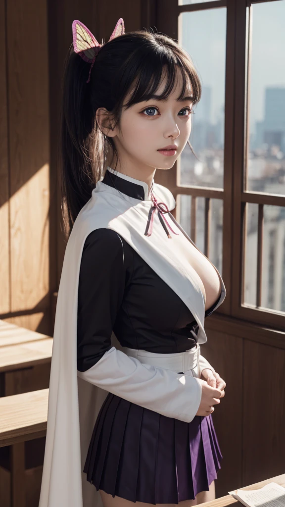 Top quality, 8k, 32k, Masterpiece, photorealistic, realistic, (photorealistic:1,4), solo, slight smile, dramatic lighting, professional makeup, breasts, (natural big breasts: 1.3), (seductive), beautiful white face shining, beautiful face, pink cheeks, beautiful lips, porcelain skin, detail intricate, super detailed, super high, highest detailed, high detailed, delicate, incredible detailed, fine detailed, cinematic lighting, top quality, smooth and beautiful, CG, unity, 8k wallpaper, Stunning, fine detail, unity CG wallpaper 8k ultra-detailed, large file size, ultra-detailed, high resolution, incredible detail, stunning detail, depth of field, kanaotsuyuri, kanao tsuyuri, black hair, butterfly, butterfly hair ornament, (purple eyes:1.1), side ponytail, ponytail,
BREAK black skirt, cape, demon slayer uniform, long sleeves, pleated skirt, skirt, white cape,
BREAK looking at viewer,
BREAK indoors, classroom,
BREAK (masterpiece:1.2), best quality, high resolution, unity 8k wallpaper, (illustration:0.8), (beautiful detailed eyes:1.6), extremely detailed face, perfect lighting, extremely detailed CG, (perfect hands, perfect anatomy), looking at viewer