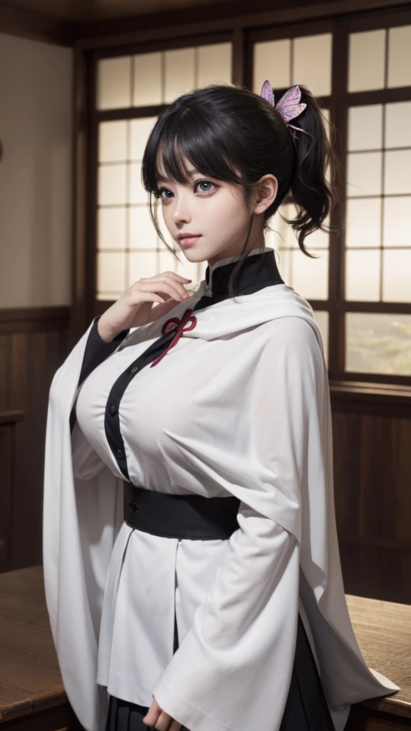 Kanaotsuyuri, Kanao Tsuyuri, Black Hair, butterfly, butterfly hair ornament, (Purple eyes:1.1), side ponytail, ponytail,
break black skirt, Cape, Demon Slayer uniform, Long sleeve, pleated skirt, skirt, white Cape,
break looking at viewer,
break indoors, classroom,
break (masterpiece:1.2), Highest quality, High resolution, unity 8k wallpaper, (figure:0.8), (Beautiful attention to detail:1.6), Highly detailed face, Perfect lighting, Highly detailed CG, (Perfect hands, Perfect Anatomy),