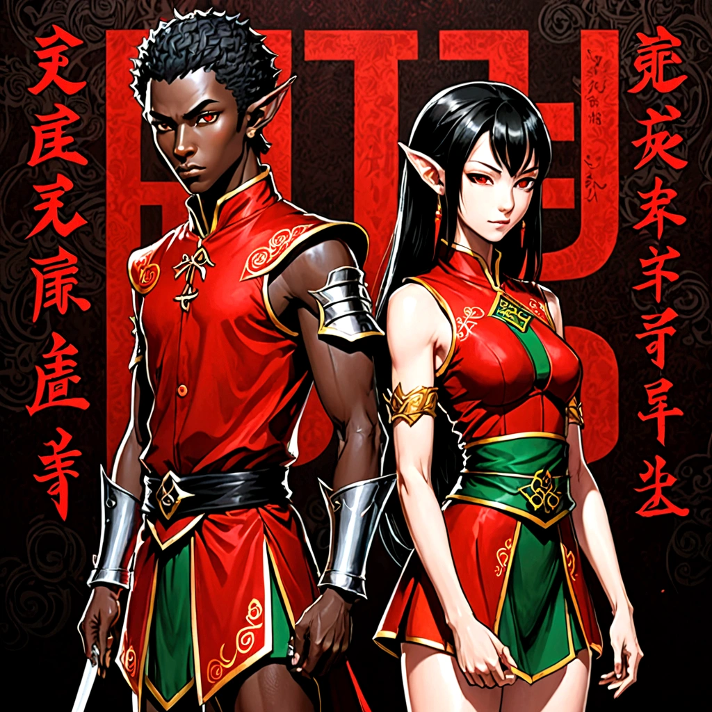 Black skin elf female and elf male, shining red, street clothing, Black and red background, serious face, against on wall, Japanese writing on the edges, written Shangri-La, persona manga style art