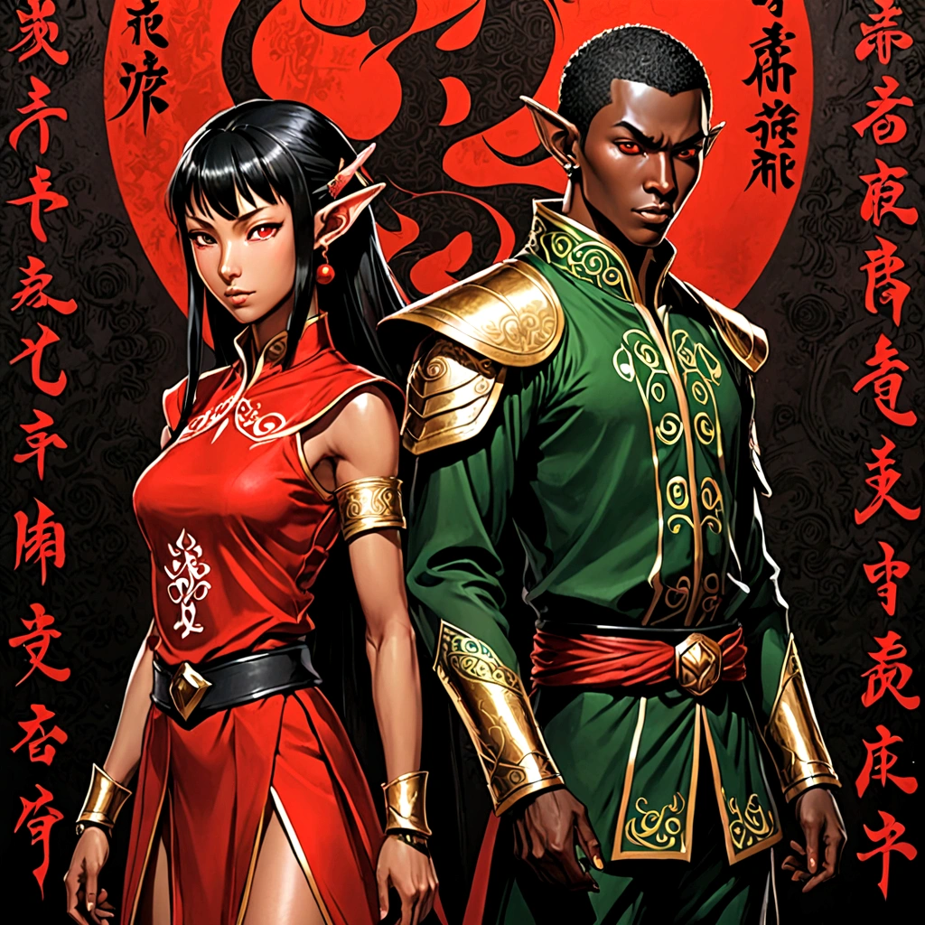 Black skin elf female and elf male, shining red, street clothing, Black and red background, serious face, against on wall, Japanese writing on the edges, written Shangri-La, persona manga style art