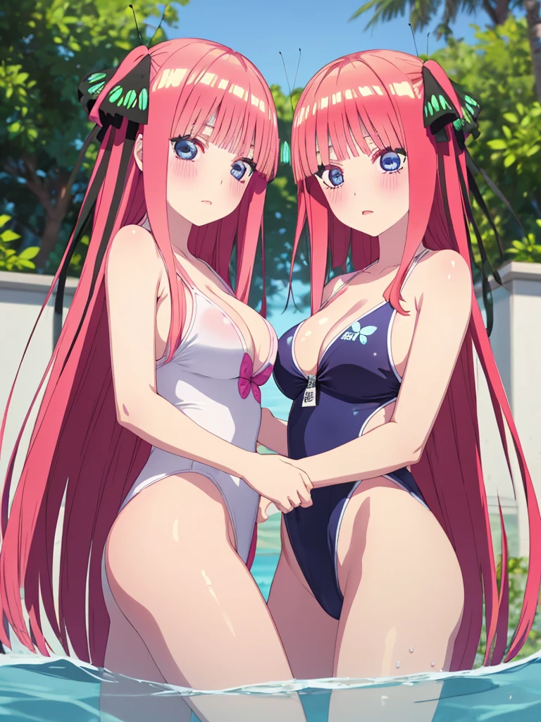 masterpiece, best quality, insanely detailed, beautiful, nino nakano, long hair, bangs, blue eyes, hair ornament, hair ribbon, pink hair, blunt bangs, two side up, butterfly hair ornament, blush, large brests, high-cut swimwea, one-piece swimsuit