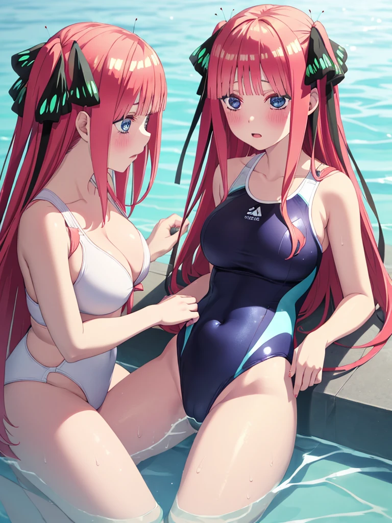 masterpiece, best quality, insanely detailed, beautiful, nino nakano, long hair, bangs, blue eyes, hair ornament, hair ribbon, pink hair, blunt bangs, two side up, butterfly hair ornament, blush, large brests, high-cut swimwea, one-piece swimsuit