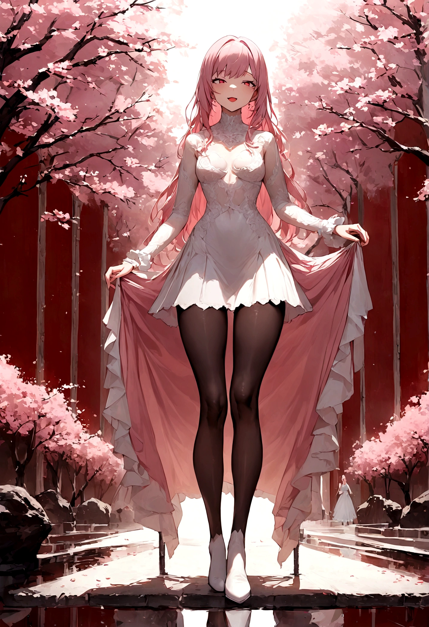 detailed face, cute face, masterpiece, highest quality, Super detailed, figure, Wide-angle, A girl is standing in the middle of the road, alone, The road in the middle and pink cherry blossom trees on the roadside, whole body, 16th Generation, Pink Hair, Short skirt, fashion, opened mouth, wedding vail with diamond, naughty face, red cheek, composition, balance, Harmony, rhythm, color, Light, Shadow, reflection, refraction, tone, Contrast, prospect, Middle Way, background, Naturalistic, Figurative, Expressive, topless
