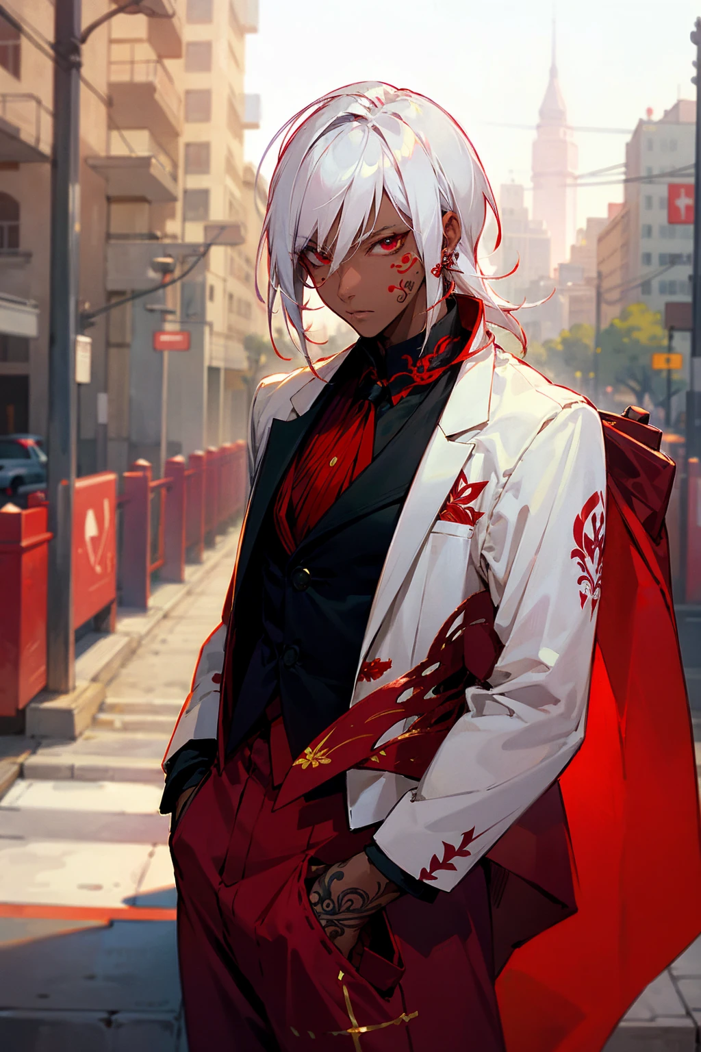 1male, white hair, dark skin, red eyes, neck tattoos, red pantsuit, city background, detailed background, hands to side, standing on path