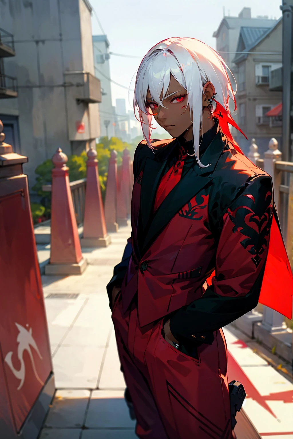 1male, white hair, dark skin, red eyes, neck tattoos, red pantsuit, city background, detailed background, hands to side, standing on path