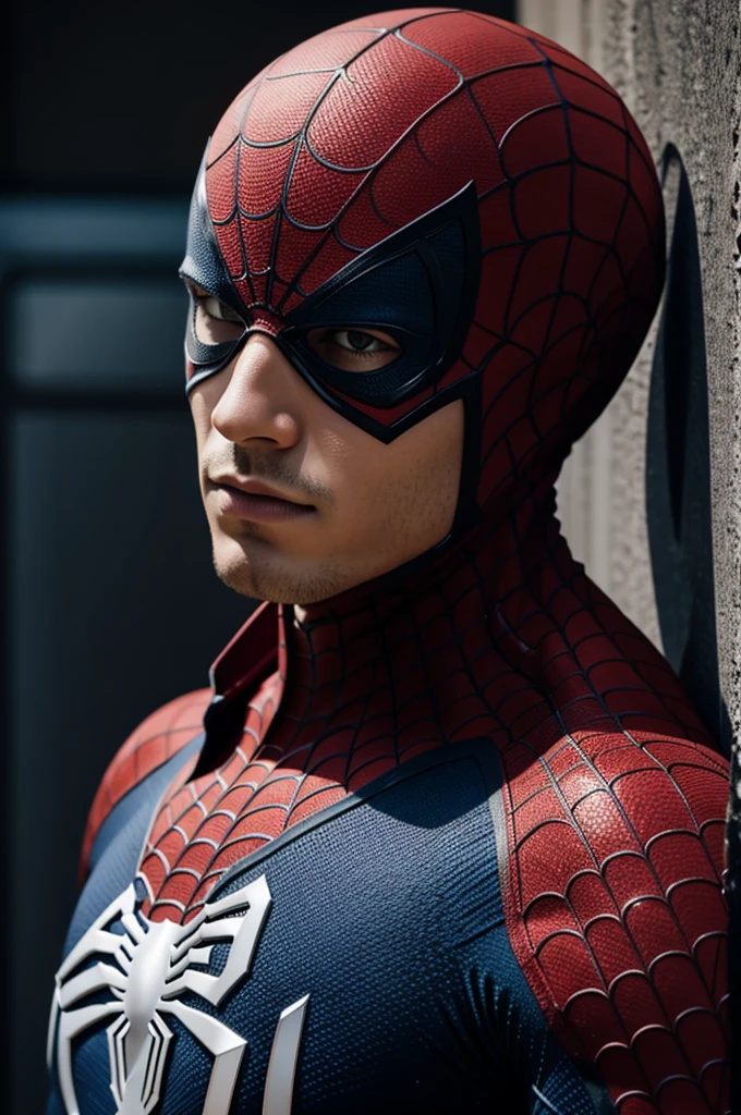 A photograph of spider man, no mask, 20 yo, handsome, detailed face, looking at camera, portrait, 8k uhd, high quality