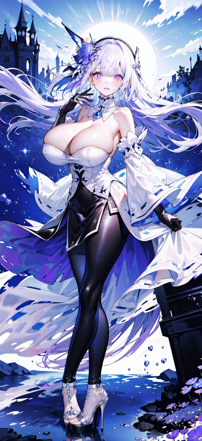 ((masterpiece:1.4,best quality)),(Super detailed),(Extremely detailed eyes),(black leggings,Shiny socks:1.5),Hello Darkness
(Cute girls),,(Blood-red pupils,Diamond-shaped pupil:1.15),Purple Eyeshadow,(elongated hair,Thick hair,Single ponytail,shiny hair:1.5)(Changes through:1.2),despair,sad,Empty eyes,tears streaming down my face,tilting its head to the side,
(She wore a blue dress,:1.5),(Black gloves:1.4)Very long plush sleeves,White,White Cloud,Dream bubbles ,Ice and glitter effects
(Black long skirt:1.1),
((Starry Sky:1.2)),
(Intense black and white:1.16),(Depth of Field:1.4),,Intricate details,(((Detailed background,Castle in the Sky,Purple flowers by the lake))),(((Huge breasts,Bare breasts,Deep cleavage,White stiletto high heels)))