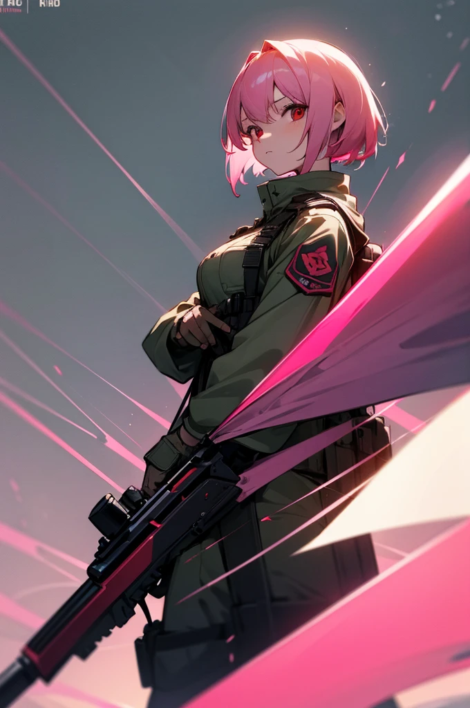 1girl, short pink hair, red eyes, wearing military equipment, battlefield, holding a weapon, standby, high res, ultrasharp, 8k, masterpiece, looking at viewer
