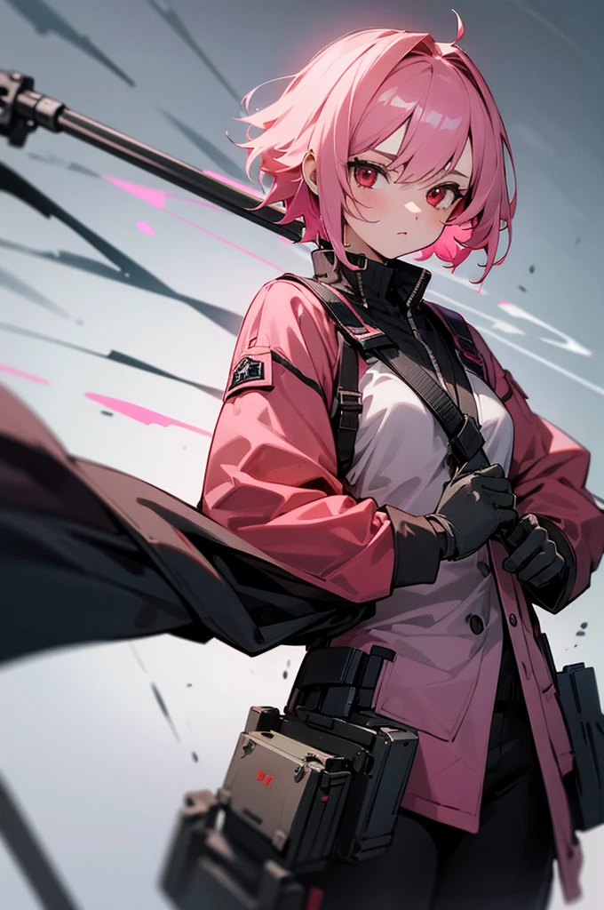 1girl, short pink hair, red eyes, wearing military equipment, battlefield, holding a weapon, standby, high res, ultrasharp, 8k, masterpiece, looking at viewer