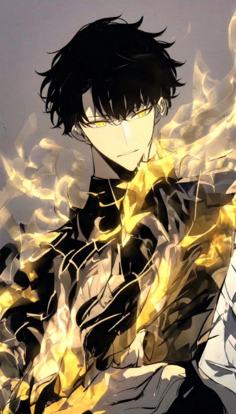 Handsome, alone, male, Short hair, Calm head, black hair, yellow eyes, black shirt, black pants, white long coat, yellow flame, holding a katana in one hand, relaxed expression, Holding a sword