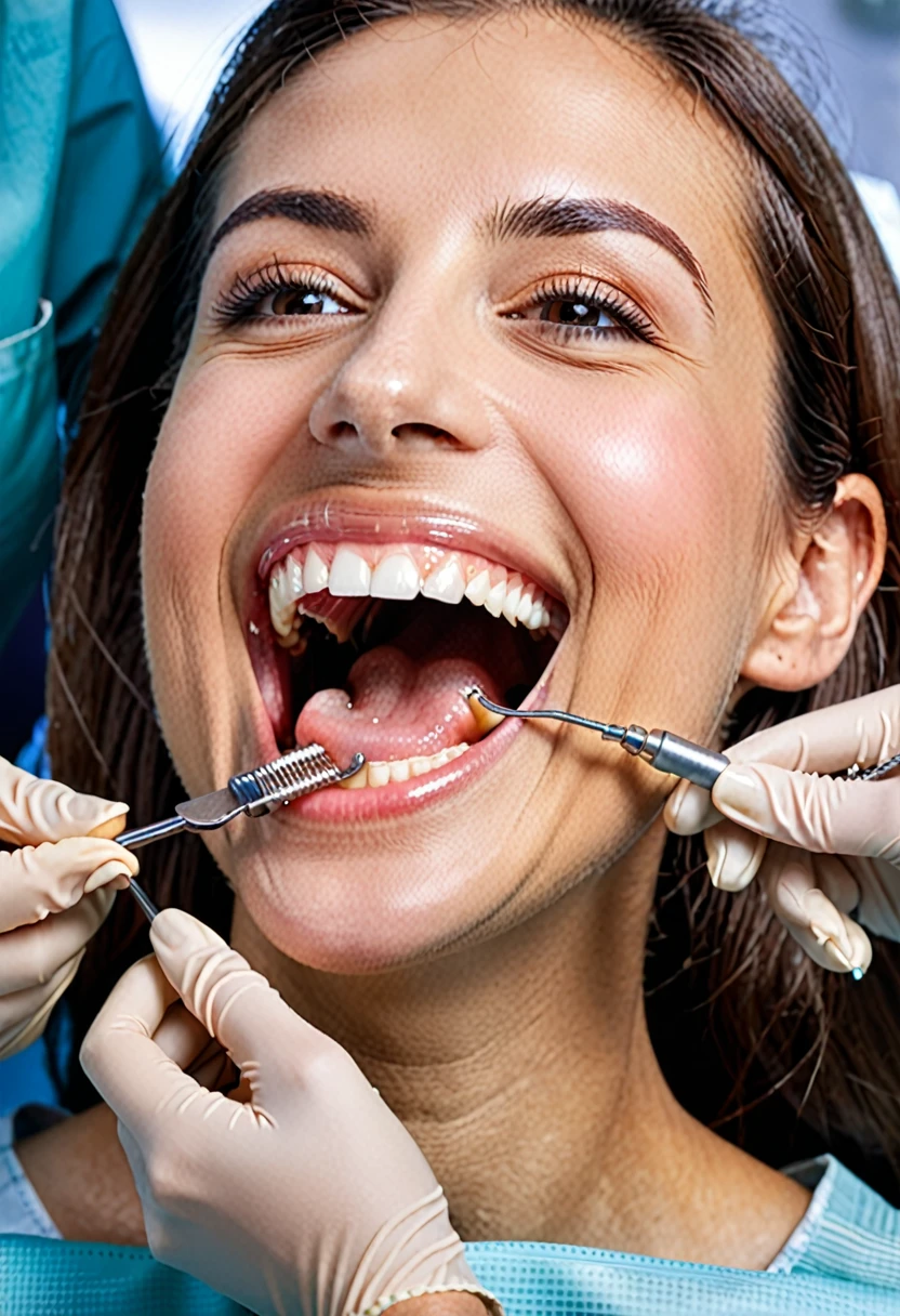 arafed woman getting her teeth checked by a dentist, Highly detailed back mouse, Drooling and baring teeth, Smaller mouth, Delicate jaws, Small chin, Underbite, Hinged jaw, dentist, The taste is simple and pleasant, Biomechanical open chewing mouth, Small and big smile, An unpleasant crooked smile, A kind smile, Open your mouth wide, Mouth details, Straight Joe