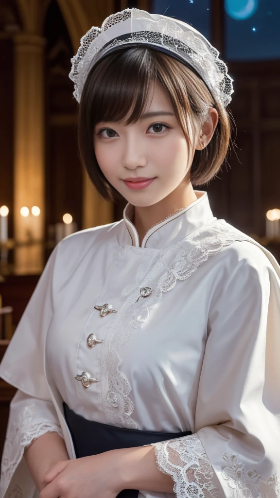 (A Ultra cute young Japanese pope:1.75), (She has clown:1.75),(she wearing a decorated with lace pope costume slim fit:2.0),(beautiful detailed eyes:2.0),beautiful detailed lips, (extremely detailed cute face:2.0), longeyelashes, (slender woman body:2.0), (beautiful short hair:2.0), (natural makeup,big smile:1.5), incredibly beautiful skin,(professional lighting, bright lighting, photorealistic, 8k, high resolution, best quality, masterpiece, ultra-detailed:1.75), vivid colors, (Moonlit Night:1.5),(The moonlight shines on her face:1.2),(She is in the church:1.2)