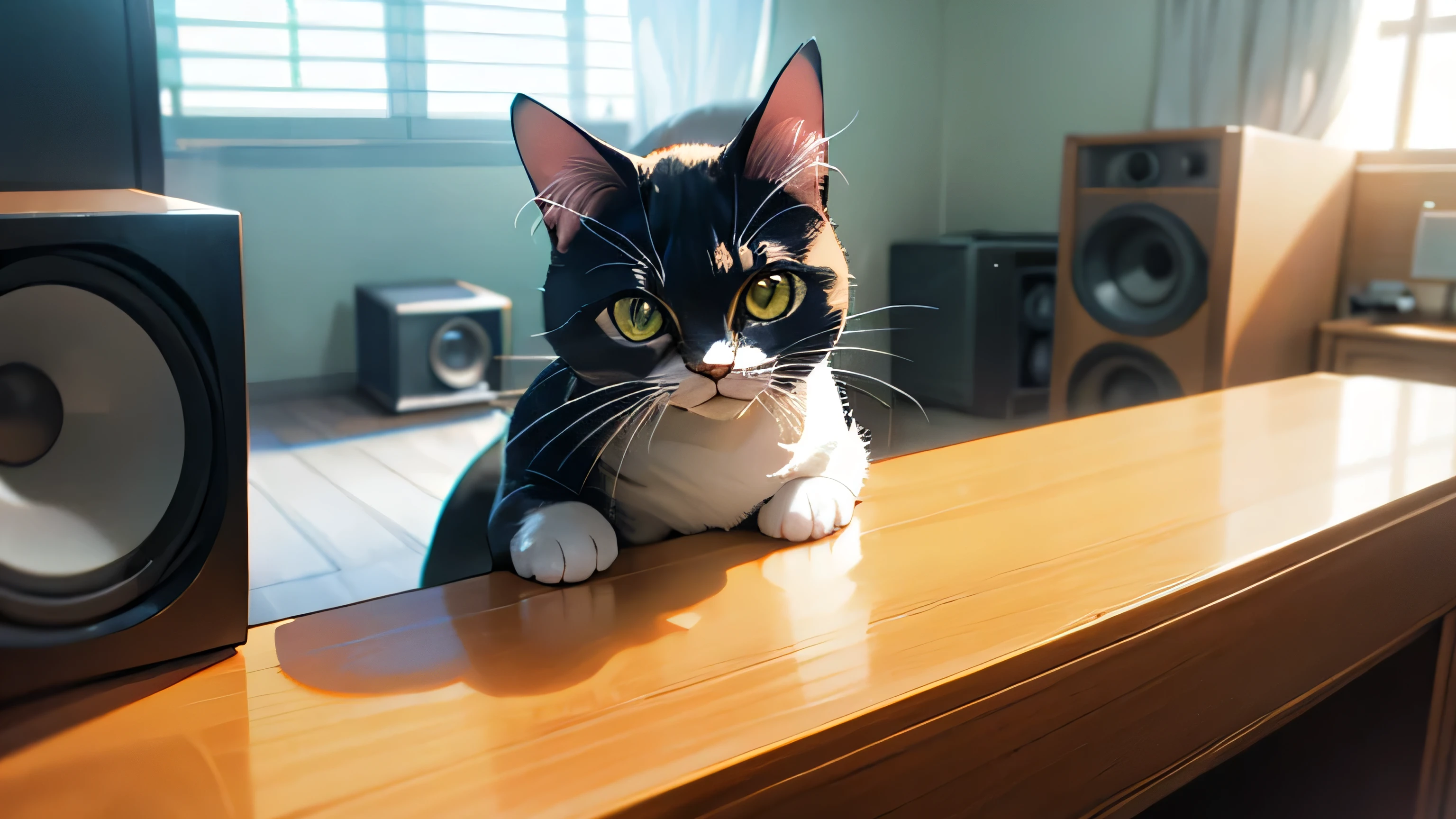 Room with speakers、Real Cat、Upper body close-up、noon