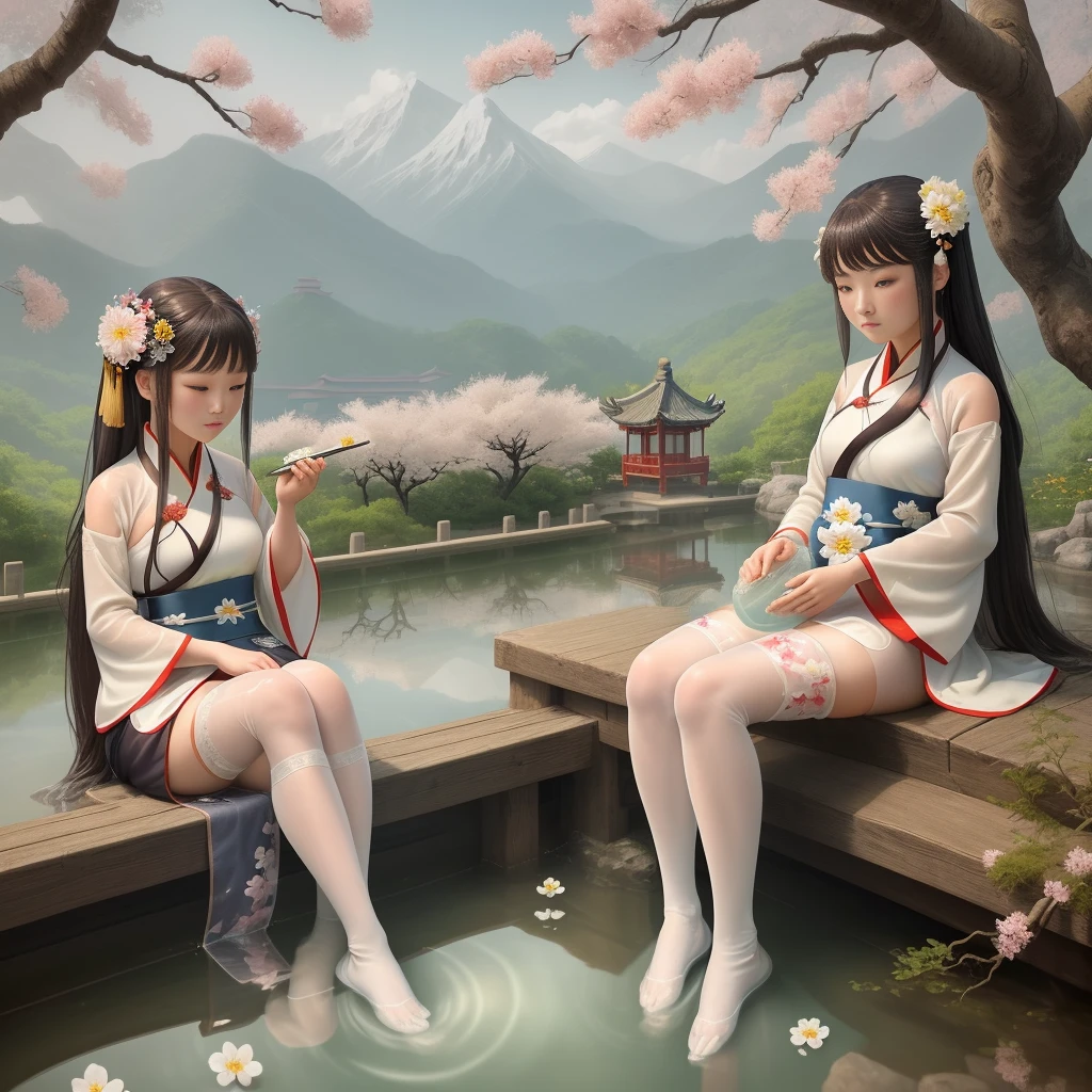 A girl in hanfu is sitting and soaking her feet in clear water on a mountain, with a Chinese park in the background, wearing white thigh-highs, surrounded by an abundance of flowers.