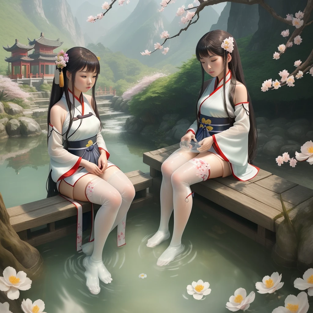 A girl in hanfu is sitting and soaking her feet in clear water on a mountain, with a Chinese park in the background, wearing white thigh-highs, surrounded by an abundance of flowers.