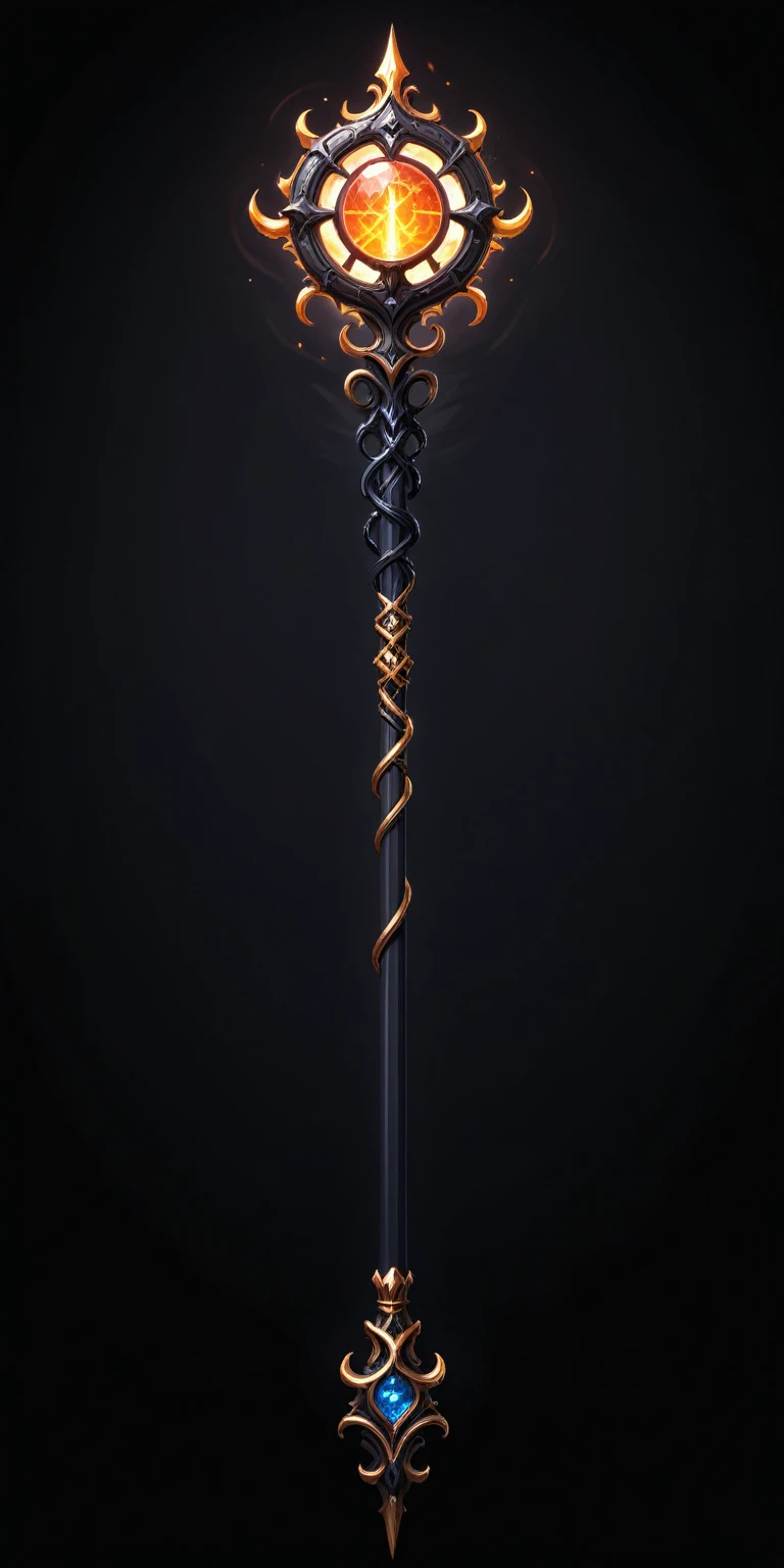 pixel art, cartoon illustration, Divine glavie greatstaff, Powerfull Magical theme, simple black background, RPG game icon