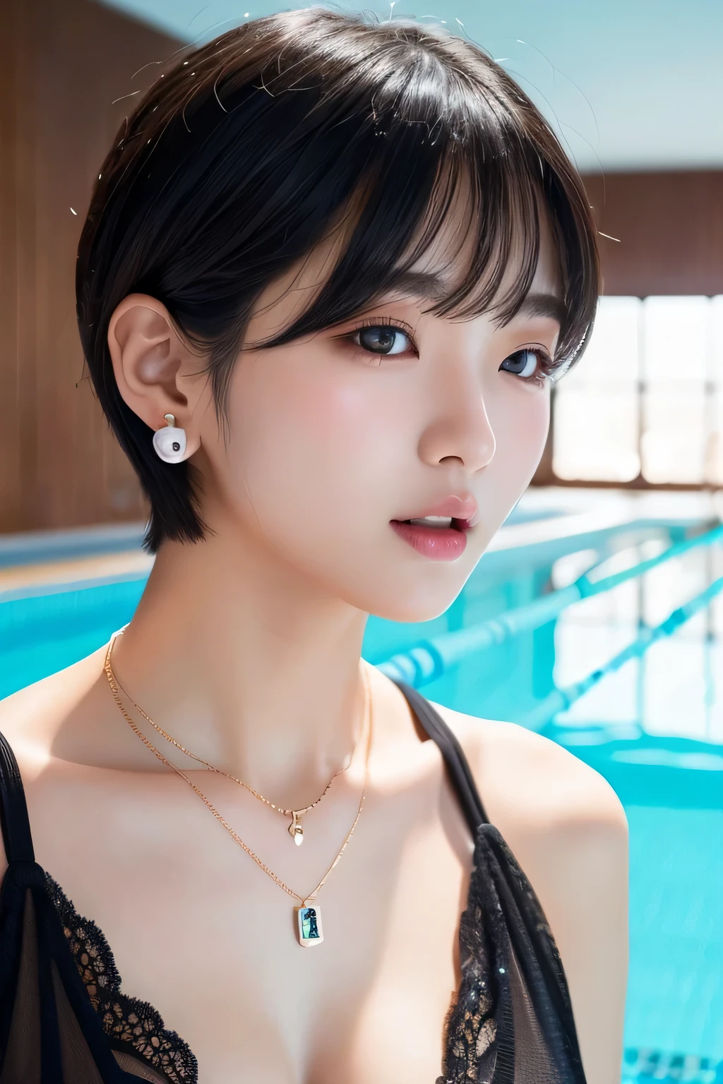 Beautiful Young Woman of the Year、 Korean women、Black Hair、Short Haircut、hair band、Necklace around the neck、Woman in swimsuit、Open your mouth a little、Intricate details, Very detailed:1.2), 、 Looking into the camera,background is indoor pool、ear piercing 