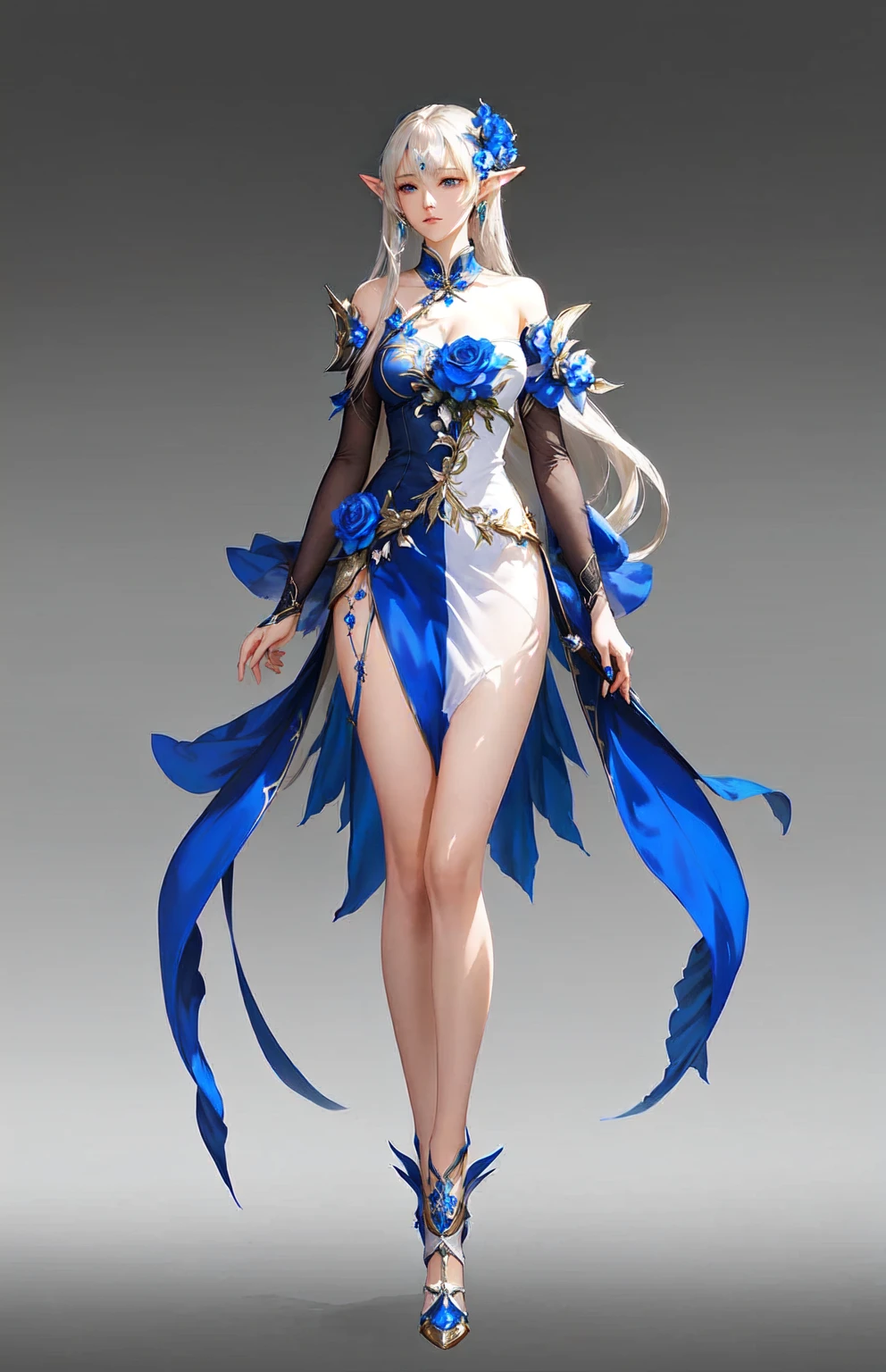 One wearing a blue and white dress、woman holding sword, Anime Characters; full body art, Beautiful and elegant elf queen, Fantasy Costume, Beautiful full body concept art, Epic and beautiful character art, Beautiful character painting, author：Yang Jie, Character posing in concept art, Stunning character art, Beautiful charming anime woman, full body xianxia, Beautiful fantasy queen
