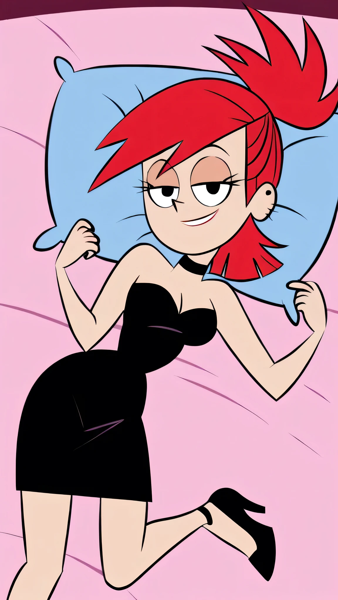 FrankieFoster, red medium hair, red bob hair cut, black eyes, solo, strapless black dress, smug, chocker, beautiful, cleavage, blue pillow, black chocker, seductive smile, looking at viewers, black high heels, lying in pink bed, 