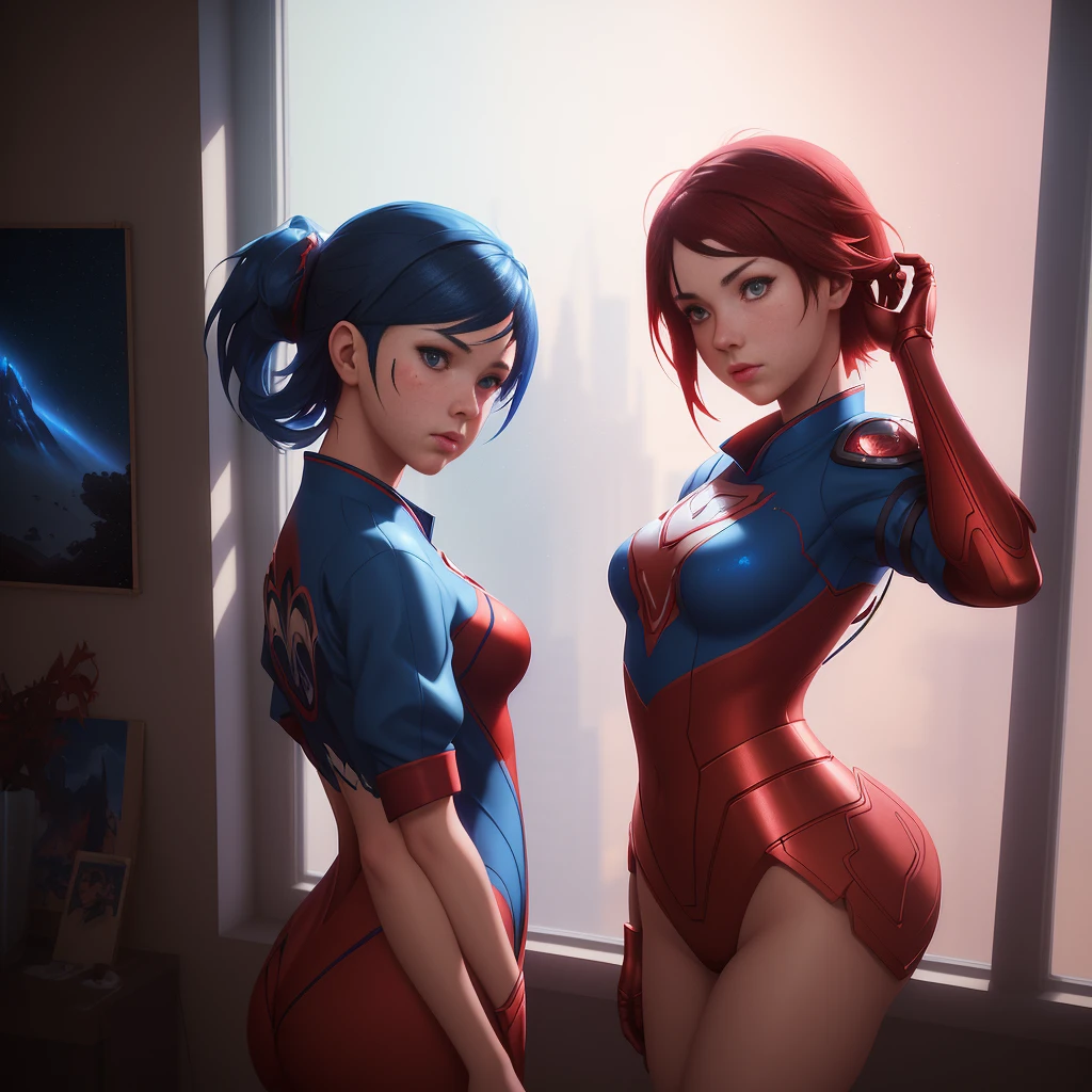 A crafted image of a girl in a red and blue costume looking out a window, in the styles of Wojtek Fus, Ross Tran, and CGSociety, with a realistic anime 3D style, reminiscent of Artgerm, Atey Ghailan, and Ilya Kuvshinov, in 4K resolution, inspired by cinematic CGSociety.