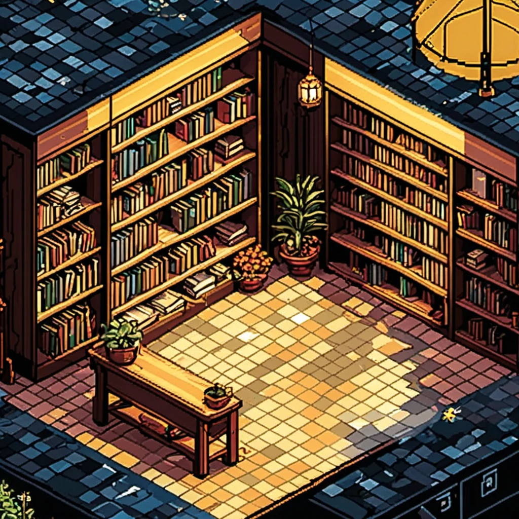 masterpiece, [thin outline],
BREAK,
inside the huge scale book store, indoor,
BREAK,
(RPG maker style top down view), pixel art