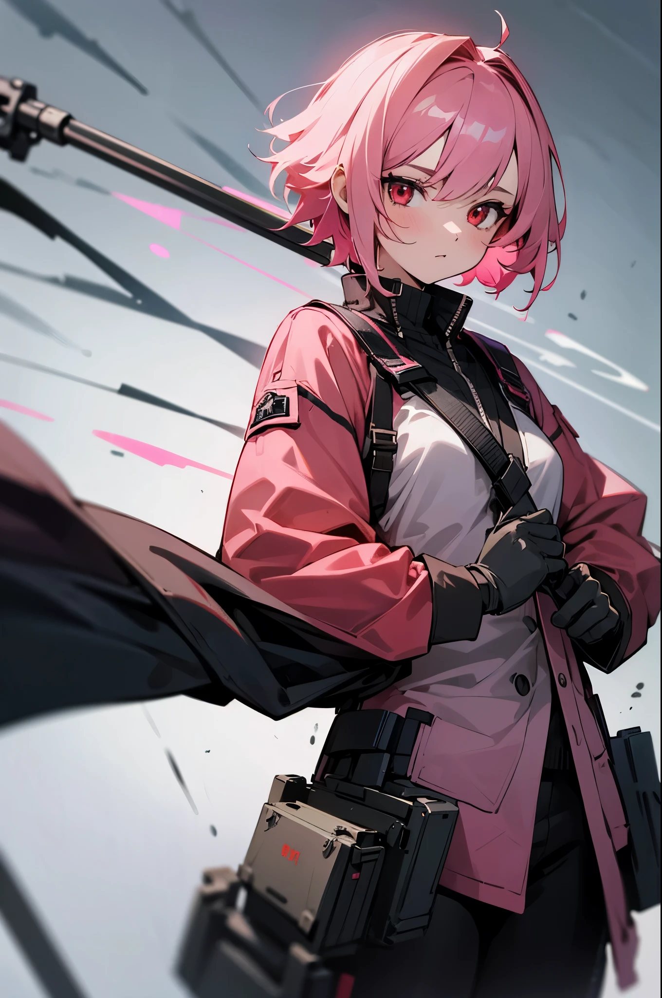 1girl, short pink hair, red eyes, wearing military equipment, battlefield, holding a weapon, standby, high res, ultrasharp, 8k, masterpiece, looking at viewer