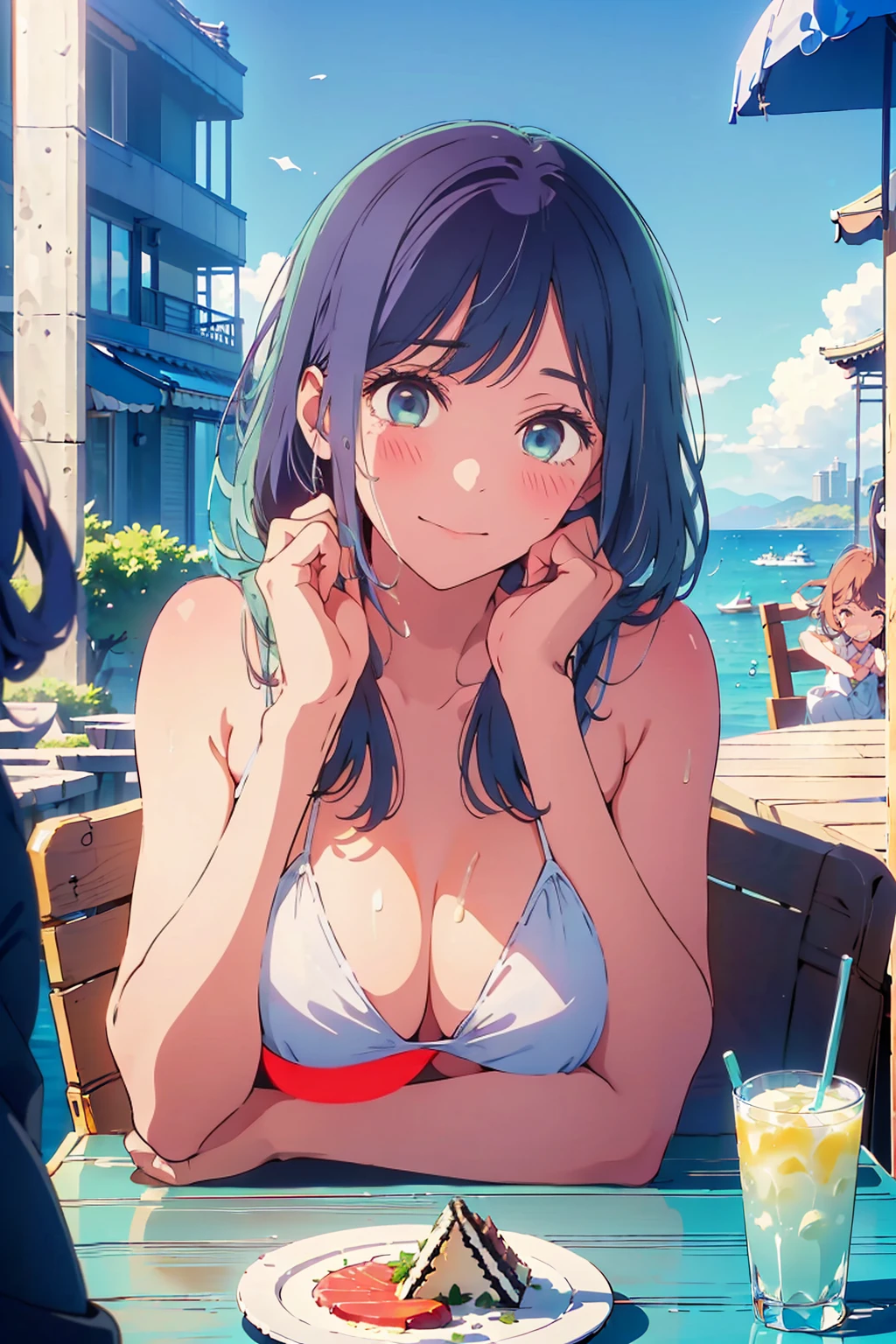 highest quality,8k,detailed,F cup bust、Big Breasts、Very cute face、Slim and beautiful arms、Slim body、Very white beautiful skin、((((1 person、looking at the camera、smile、Thin white bikini、smile、sit、In the background are the urban buildings of Tokyo、Outdoor café terrace、Drink juice、Sweating a lot、Hair color is navy、Cheek resting on hand、coastal、table))))、I can see the deep blue sky、She tilted her head slightly、The atmosphere is bright and lively、The woman is at the center of the image。