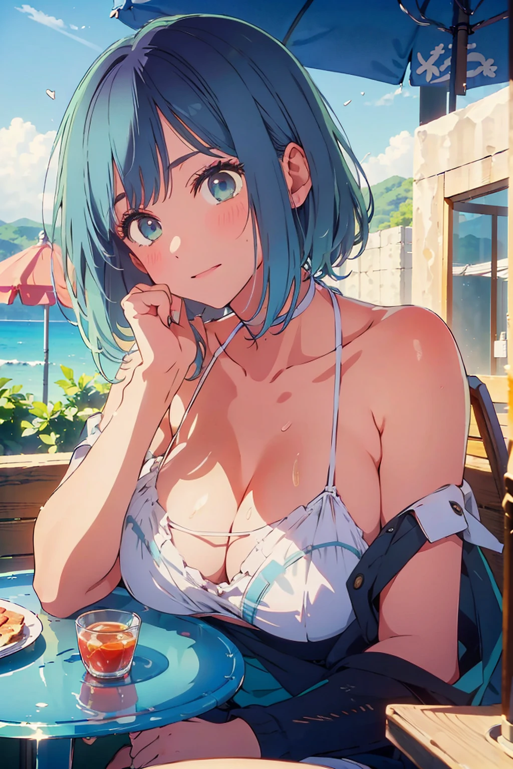 highest quality,8k,detailed,F cup bust、Big Breasts、Very cute face、Slim and beautiful arms、Slim body、Very white beautiful skin、((((1 person、looking at the camera、smile、Thin white bikini、smile、sit、In the background are the urban buildings of Tokyo、Outdoor café terrace、Drink juice、Sweating a lot、Hair color is navy、Cheek resting on hand、coastal、table))))、I can see the deep blue sky、She tilted her head slightly、The atmosphere is bright and lively、The woman is at the center of the image。