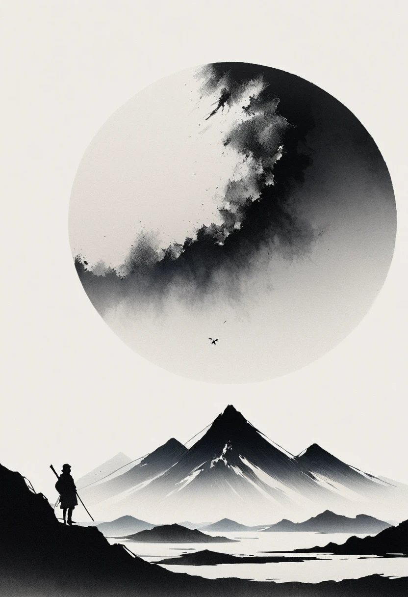 Artistic ink painting，Three-dimensional ink painting，Minimalism，Minimalist graphics，Minimal Art，Clean background，古韵White Space，White Space，大面积White Space，Texture Matte，Low saturation，Minimalist composition，Master composition。Mountain，A person far away