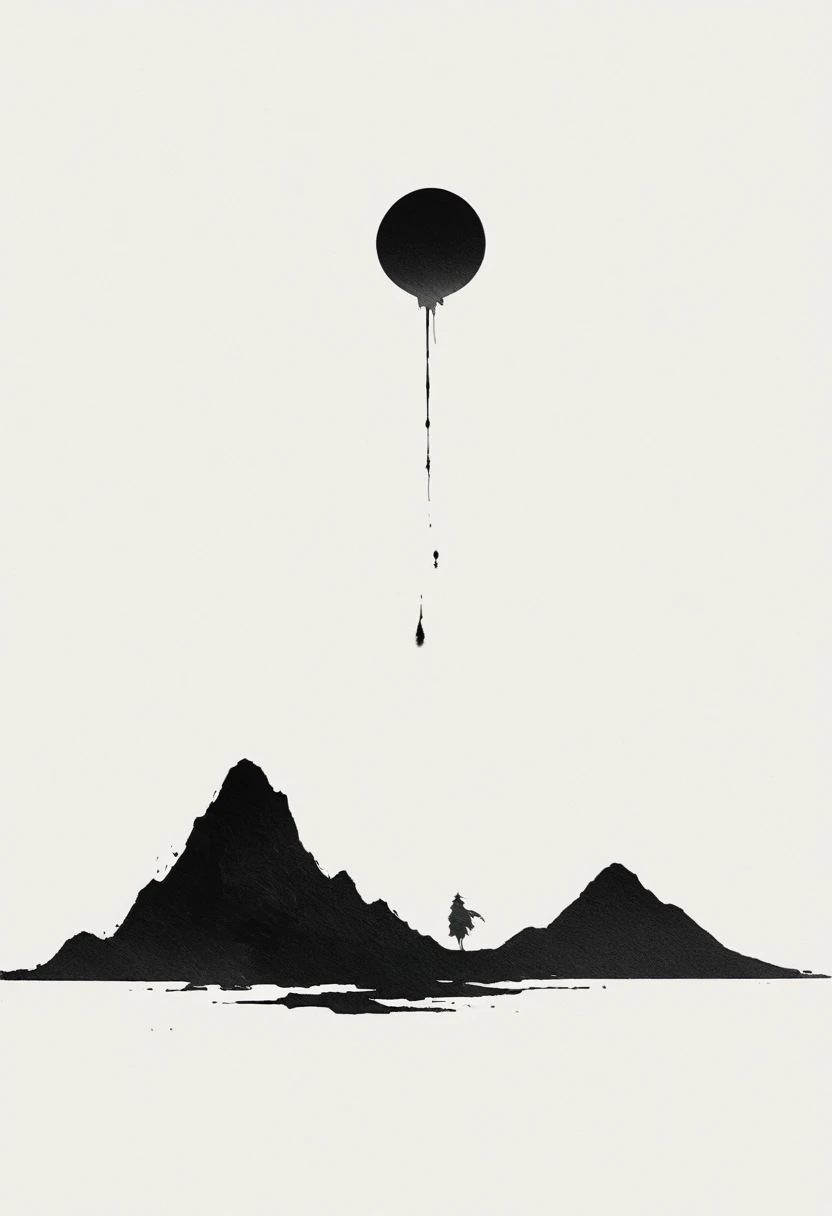 Artistic ink painting，Three-dimensional ink painting，Minimalism，Minimalist graphics，Minimal Art，Clean background，古韵White Space，White Space，大面积White Space，Texture Matte，Low saturation，Minimalist composition，Master composition。Mountain，A person far away