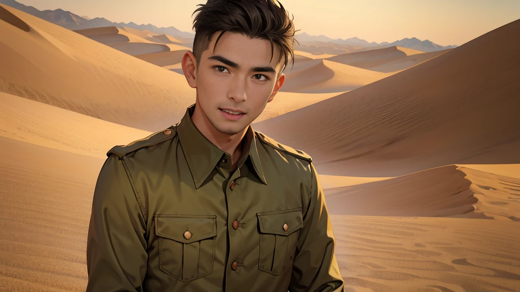 Portrait of a man in his 40s、standing、 Half-dead soldier, mouth open, talking、Long body、 、desert background、