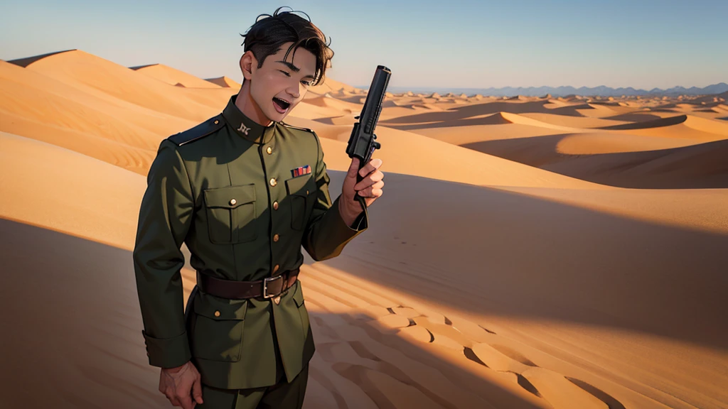 Portrait of a man in his 40s、standing、 Half-dead soldier, mouth open, talking、Long body、 、desert background、