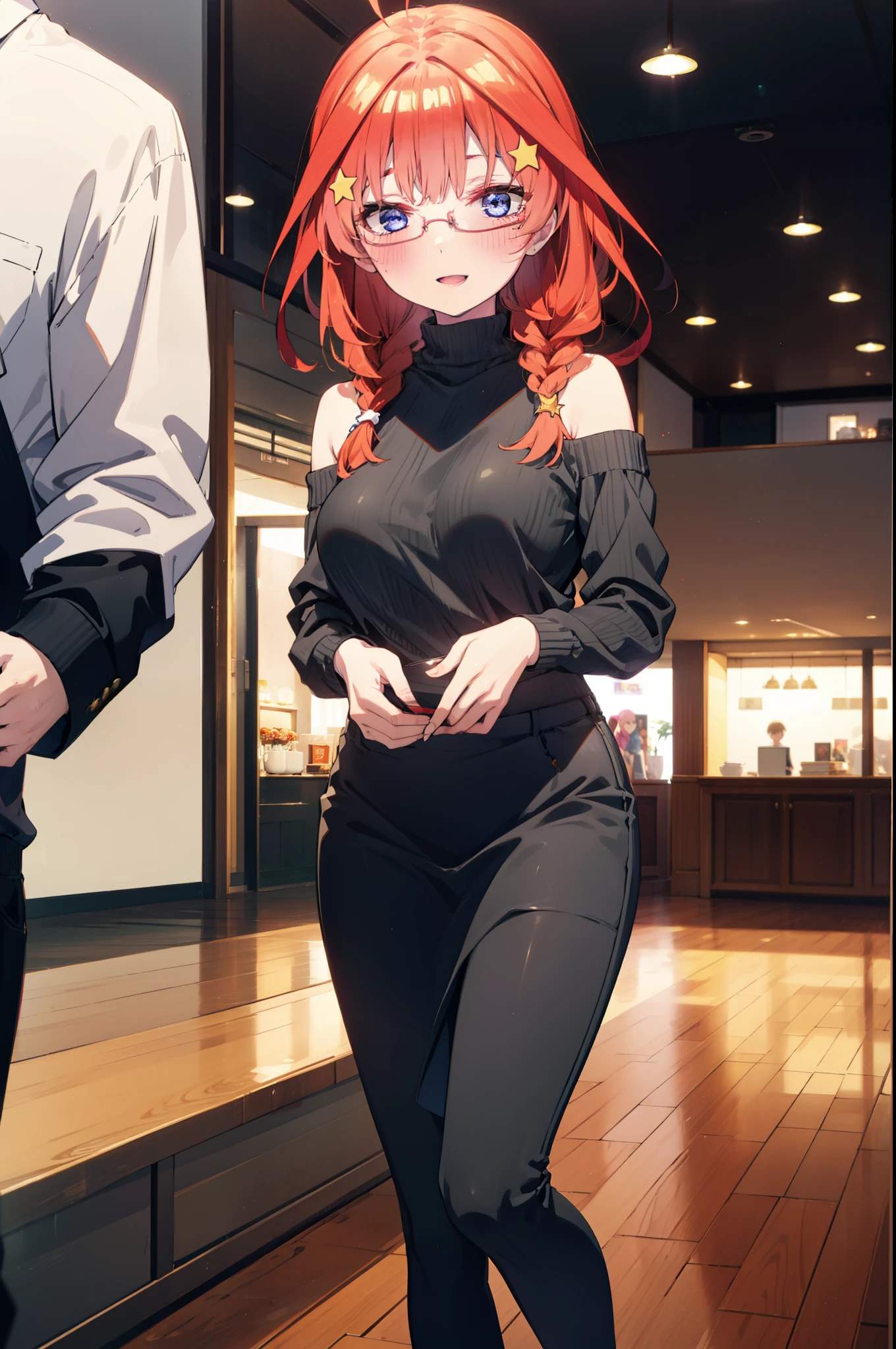 itsukinakano, Itsuki Nakano, bangs, blue eyes, Hair between the eyes, Ahoge, Redhead, star \(symbol\), hair ornaments, star hair ornaments,happy smile, smile, Open your mouth,blush,Akabuchi Glasses,Big Breasts,Long braids,One-shoulder sweater,Long skirt,Black pantyhose,short boots,Daytime,walking,whole bodyがイラストに入るように,crowd, people々々,
break indoors, Shopping mall,
break looking at viewer, whole body,
break (masterpiece:1.2), highest quality, High resolution, unity 8k wallpaper, (figure:0.8), (Beautiful fine details:1.6), Highly detailed face, Perfect lighting, Highly detailed CG, (Perfect hands, Perfect Anatomy),
