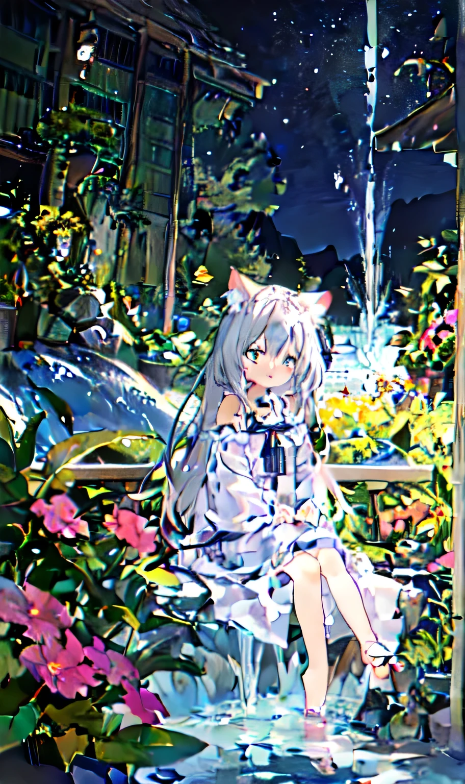 1 Girl, Solitary, dragon Tail, Tail, long hair, Upward, one Upward, Enchanted Forest, nature, Trees, Dryad, Cat ears, Animal ear fluff, Flowers, Active posture, whole body, gray hair, Bright hair, Shiny hair, Holy, goddess, barefoot, , Eyes turned upward, Long eyelashes, animal, birds, sit, Look away, Glowing water, Center of the lake, flower bed, continuously, night,