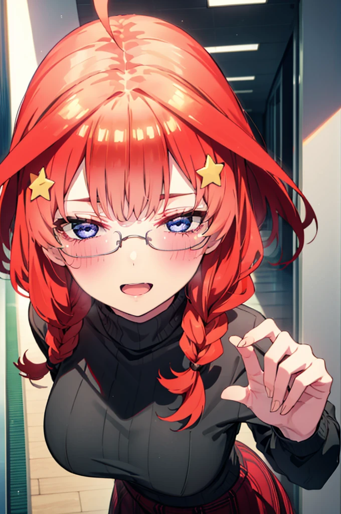 itsukinakano, Itsuki Nakano, bangs, blue eyes, Hair between the eyes, Ahoge, Redhead, star \(symbol\), hair ornaments, star hair ornaments,happy smile, smile, Open your mouth,blush,Akabuchi Glasses,Big Breasts,Long braids,One-shoulder sweater,Long skirt,Black pantyhose,short boots,Daytime,walking,whole bodyがイラストに入るように,crowd, people々々,
break indoors, Shopping mall,
break looking at viewer, whole body,
break (masterpiece:1.2), highest quality, High resolution, unity 8k wallpaper, (figure:0.8), (Beautiful fine details:1.6), Highly detailed face, Perfect lighting, Highly detailed CG, (Perfect hands, Perfect Anatomy),