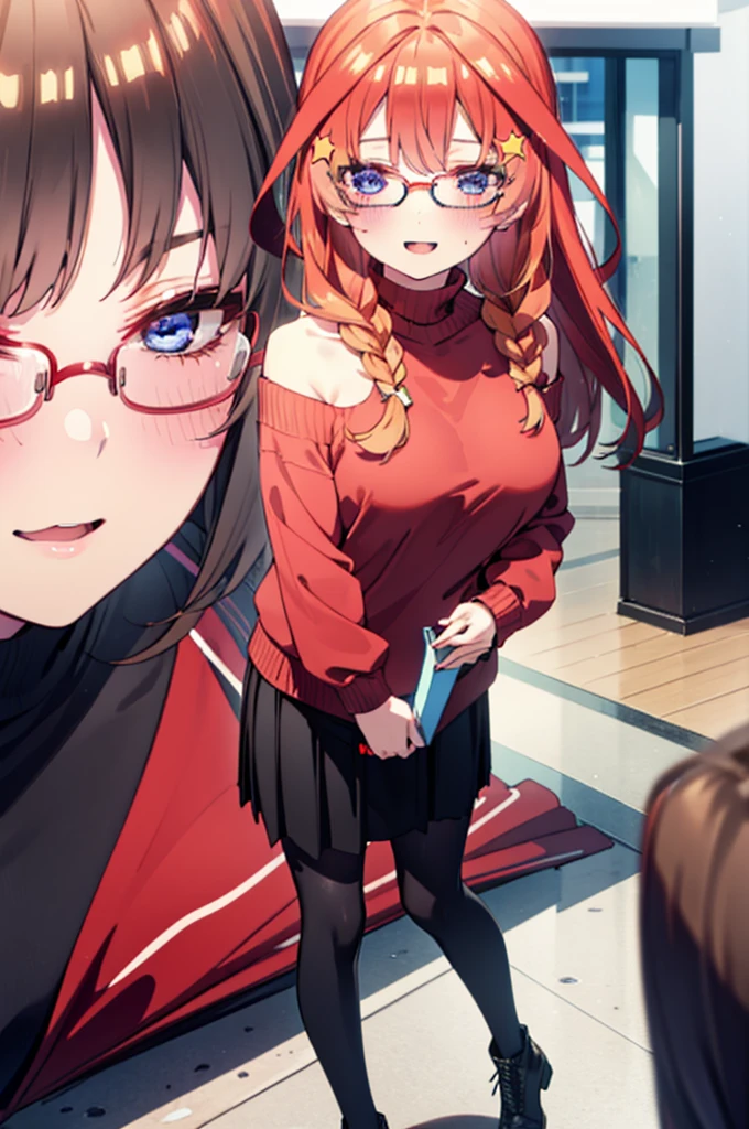 itsukinakano, Itsuki Nakano, bangs, blue eyes, Hair between the eyes, Ahoge, Redhead, star \(symbol\), hair ornaments, star hair ornaments,happy smile, smile, Open your mouth,blush,Akabuchi Glasses,Big Breasts,Long braids,One-shoulder sweater,Long skirt,Black pantyhose,short boots,Daytime,walking,whole bodyがイラストに入るように,crowd, people々々,
break indoors, Shopping mall,
break looking at viewer, whole body,
break (masterpiece:1.2), highest quality, High resolution, unity 8k wallpaper, (figure:0.8), (Beautiful fine details:1.6), Highly detailed face, Perfect lighting, Highly detailed CG, (Perfect hands, Perfect Anatomy),