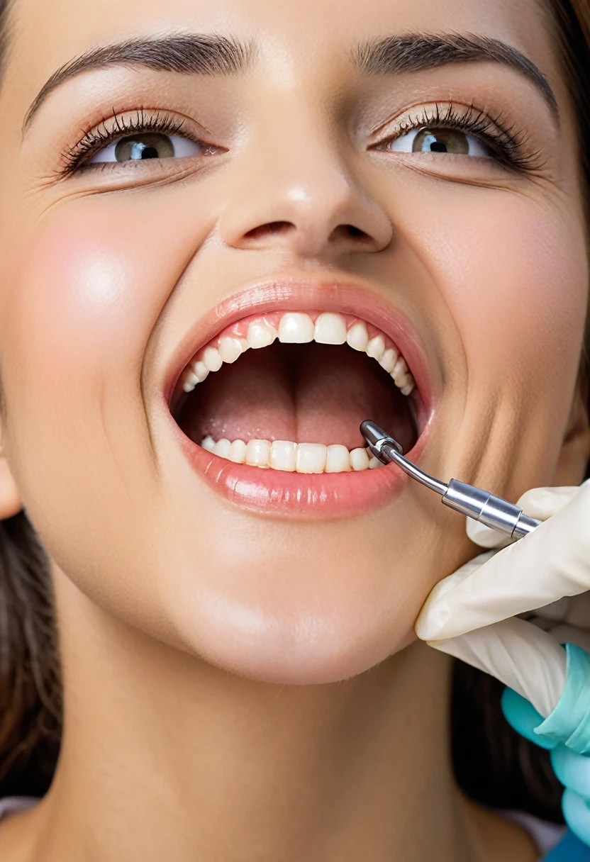 arafed woman getting her teeth checked by a dentist, Highly detailed back mouse, Drooling and baring teeth, Smaller mouth, Delicate jaws, Small chin, Underbite, Hinged jaw, dentist, The taste is simple and pleasant, Biomechanical open chewing mouth, Small and big smile, An unpleasant crooked smile, A kind smile, Open your mouth wide, Mouth details, Straight Joe