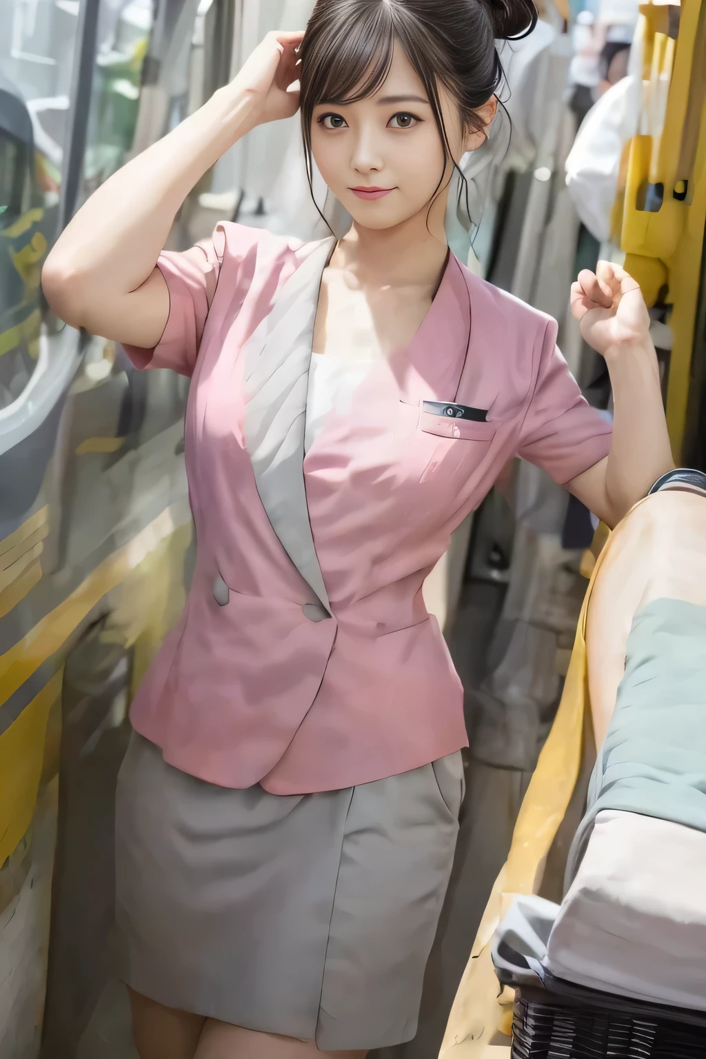 (masterpiece:1.2, highest quality:1.2), 32K HDR, High resolution, (alone、1 girl)、(On the rooftop of a building in the daytime、Professional Lighting)、Building rooftop background、(Nankai train crew uniform pinkを着たリアルスタイル)、(Nankai train crew uniform pink short sleeve collarless pink jacket、Nankai Train Crew Uniform Pink Collarless Short Sleeve Blouse、Nankai Train Crew Uniform Pink Grey Knee-length Culottes)、((The bottom of the pink short-sleeved jacket cannot be tucked into the clay-colored culottes.))、Dark brown hair、(Hair tied up、Hair Bun、Hair Bun)、Dark brown hair、Long Shot、Big Breasts、Thin legs、((Great hands:2.0)),((Harmonious body proportions:1.5)),((Normal limbs:2.0)),((Normal finger:2.0)),((Delicate eyes:2.0)),((Normal eyes:2.0)))、(Nankai Train Crew Uniform Pink Grey Knee-length Culottesを見せた美しい立ち姿)、smile