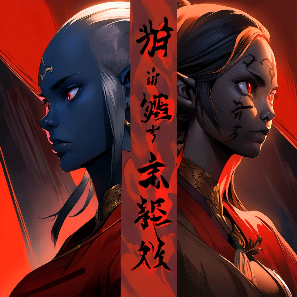 A highly detailed, photorealistic illustration of a black skin elf female and elf male with shining red clothing, serious expressions, standing against a black and red background with Japanese writing on the edges spelling "Shangri-La", in a persona manga style art