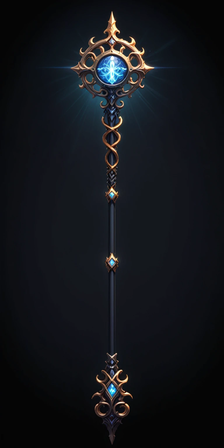 pixel art, cartoon illustration, Divine glavie greatstaff, Powerfull Magical theme, simple black background, RPG game icon