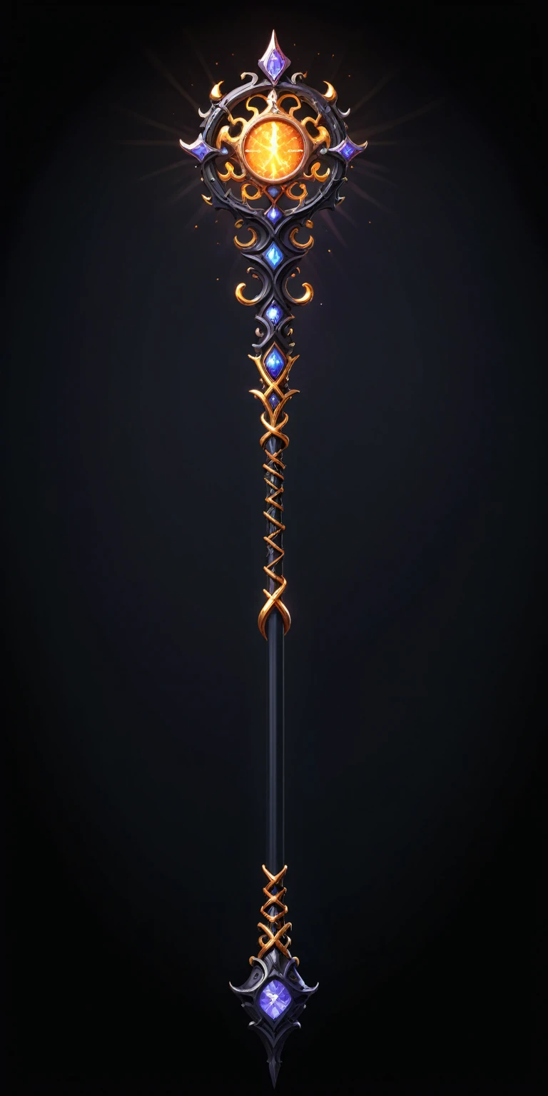 pixel art, cartoon illustration, Divine glavie greatstaff, Powerfull Magical theme, simple black background, RPG game icon