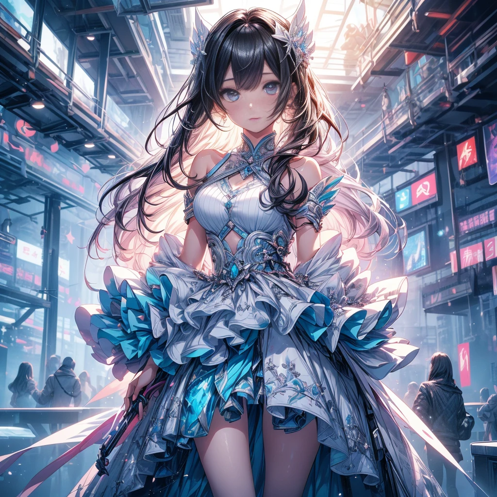 1girl,Dynamic composition、(((highest quality、Masterpiece、Official Art、Award-winning works、The best dynamic composition、Detailed Hair)))、Super detailed、Anime Style、Dynamic pose、Create Ultra High Definition, Masterpiece quality image with white theme, Featuring a cute anime girl with long black hair in a cool pose, Attack with a high-tech sword. In this scene、A large number of holographic swords appear floating in a circle.。, Each one has countless intricate parts, Set in a predominantly white cyberpunk environment. The scene is enriched with holographic elements and light particles., Emphasizing futuristic and fantastical aesthetics. The image is、Capturing the essence of purity and sophistication with the finest quality and beauty, 少女と彼女のホログラム剣をSuper detailedに展示, Super-resolution visuals that highlight the intricate details of a scene.